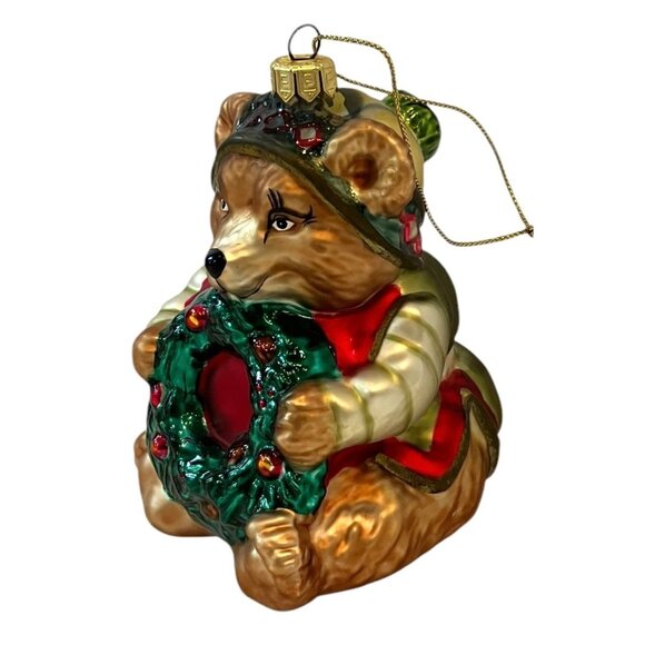 NEW Fitz & Floyd Glass Bear w/ Wreath Christmas Classics Lodge Ornament - Picture 4 of 14